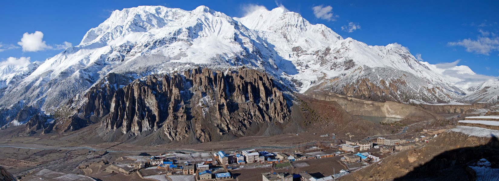 villages, hills, and mountains seen during thorong la pass trek
