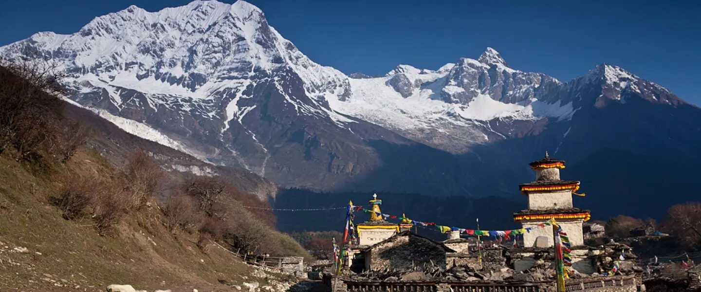 Gompas and snowy peaks seen during Tsum Valley Trek 