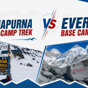 Annapurna Base Camp vs Everest Base Camp Trek comparison banner showing the ABC signboard at 4,130m and a trekker at Everest Base Camp 5,364m