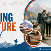Tipping culture in Nepal guide showing trekkers, a local guide and a tip being handed over in the mountains