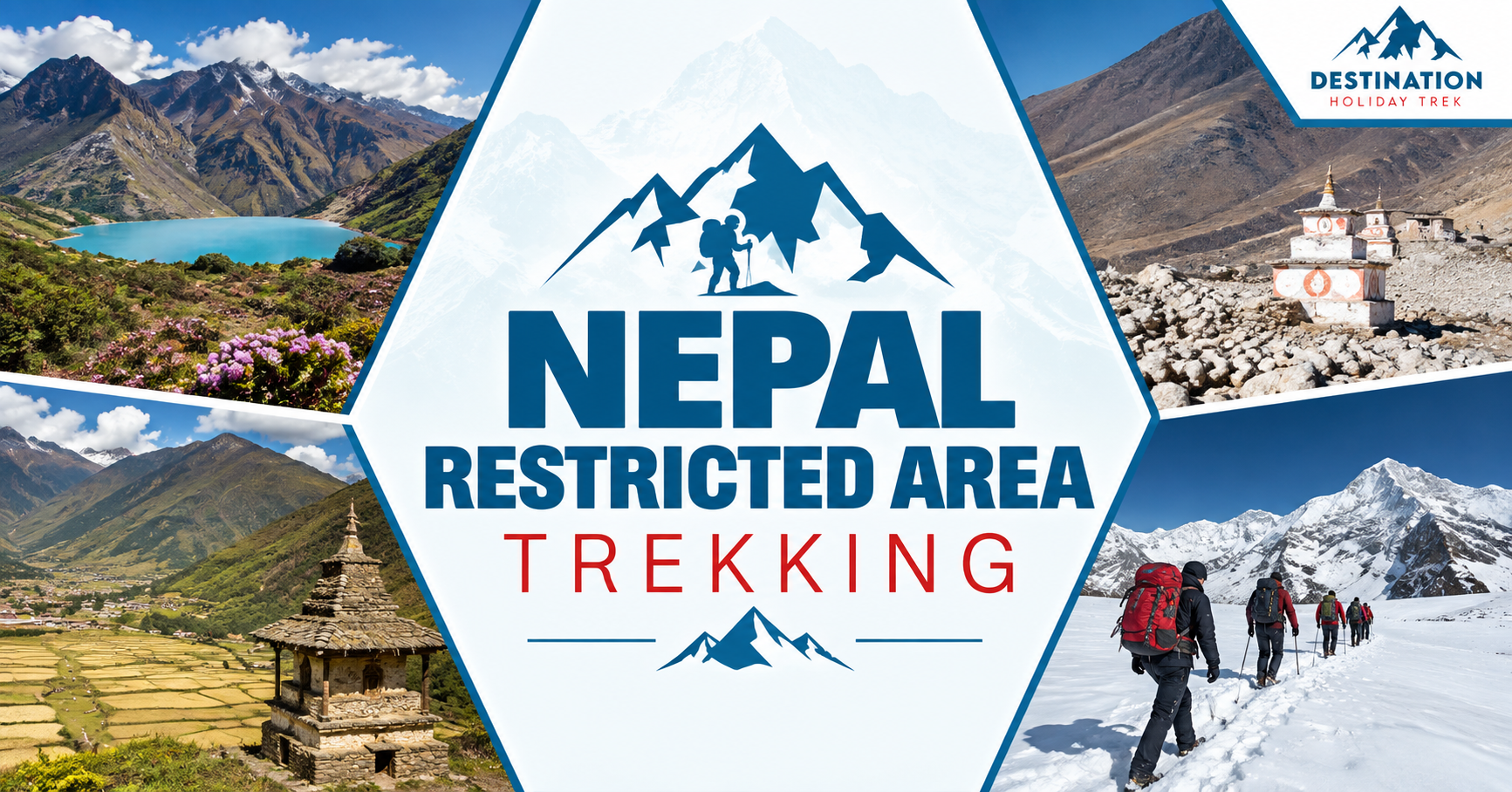 Trekkers on a snowy trail in Nepal restricted area trekking with Himalayan peaks, Destination Holiday Trek
