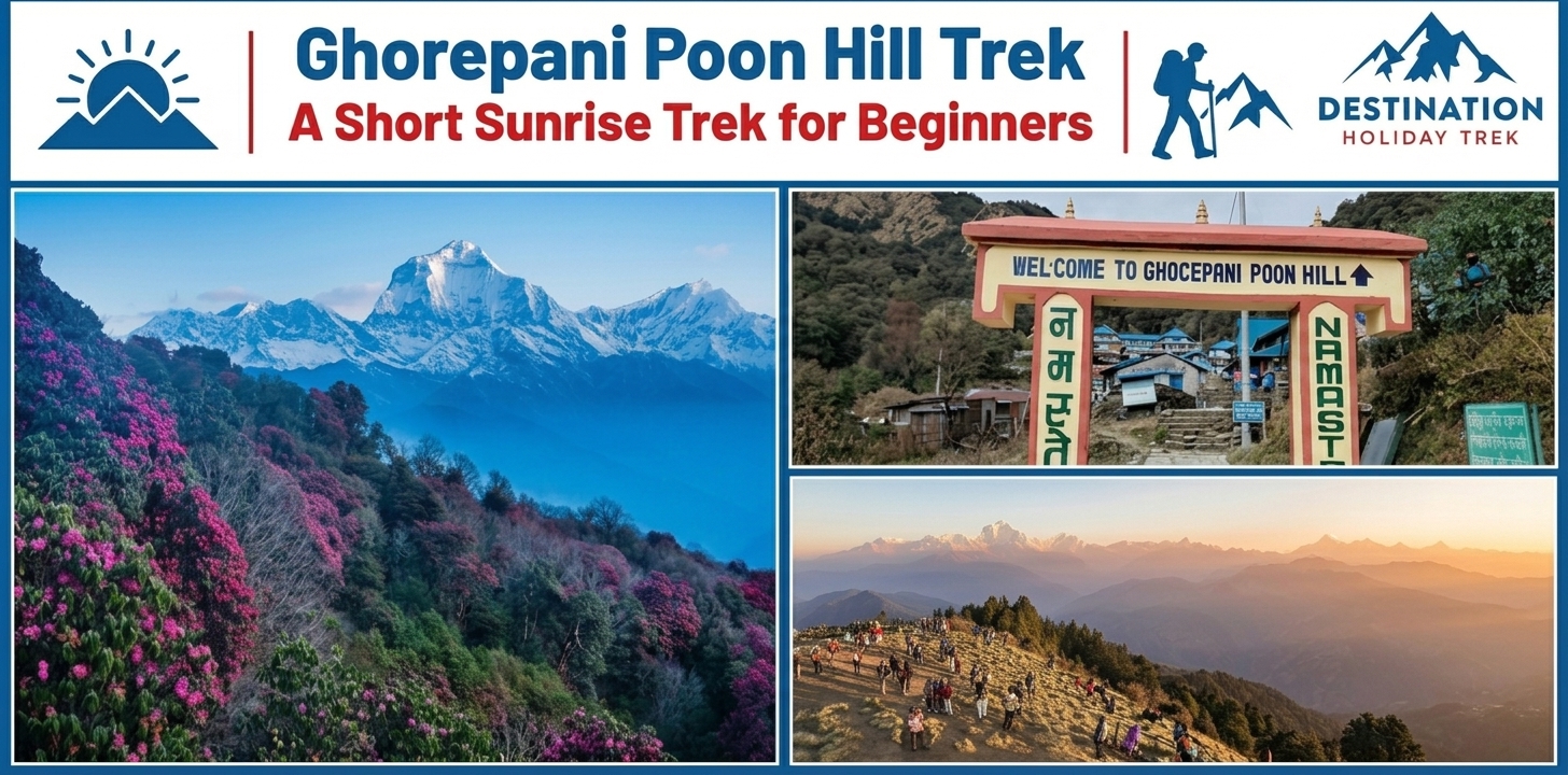 Ghorepani Poon Hill Trek with a trekker enjoying panoramic Himalayan mountain views in Nepal.